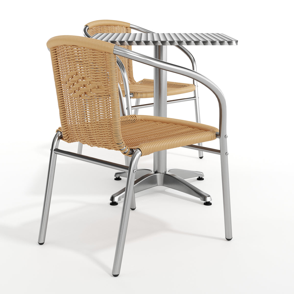 Lila 23.5'' Square Aluminum Indoor-Outdoor Table Set with 2 Beige Rattan Chairs