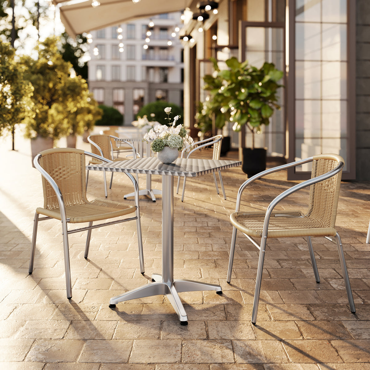 Lila 23.5'' Square Aluminum Indoor-Outdoor Table Set with 2 Beige Rattan Chairs
