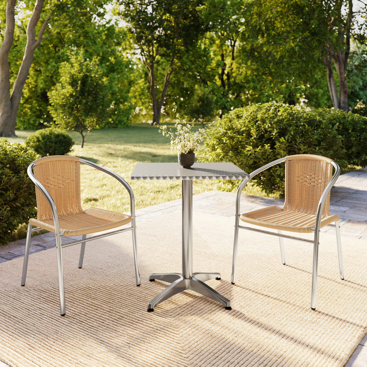 Lila 23.5'' Square Aluminum Indoor-Outdoor Table Set with 2 Beige Rattan Chairs