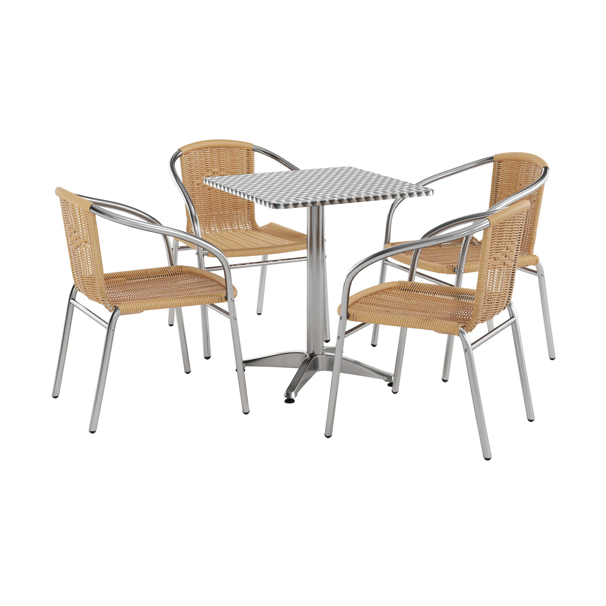 Lila 23.5'' Square Aluminum Indoor-Outdoor Table Set with 4 Beige Rattan Chairs
