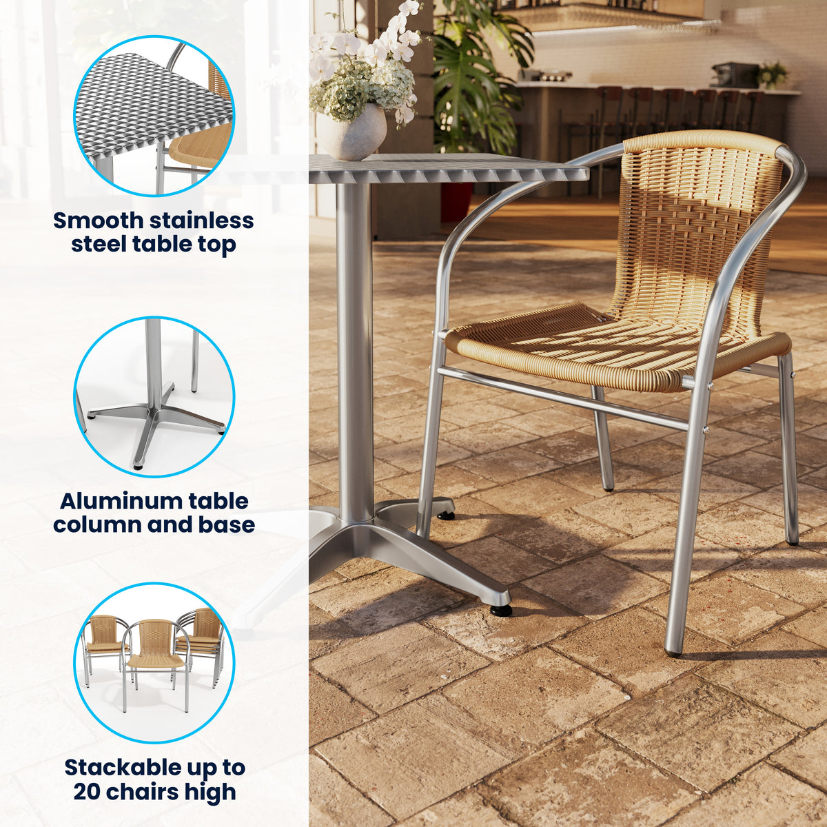Lila 23.5'' Square Aluminum Indoor-Outdoor Table Set with 4 Beige Rattan Chairs
