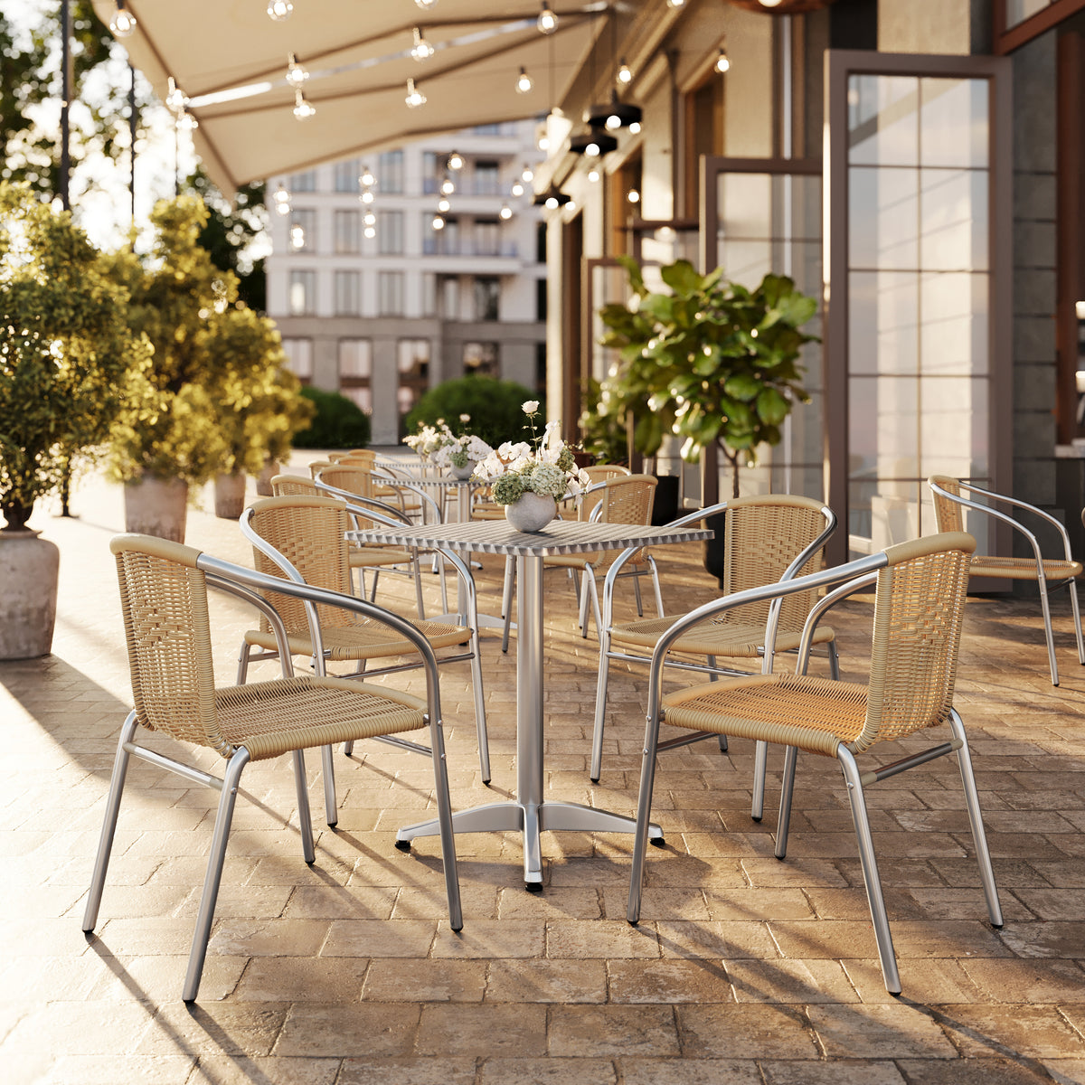 Lila 23.5'' Square Aluminum Indoor-Outdoor Table Set with 4 Beige Rattan Chairs