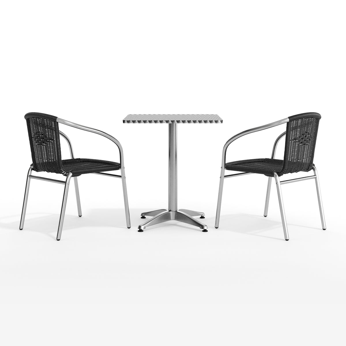 Lila 23.5'' Square Aluminum Indoor-Outdoor Table Set with 2 Black Rattan Chairs