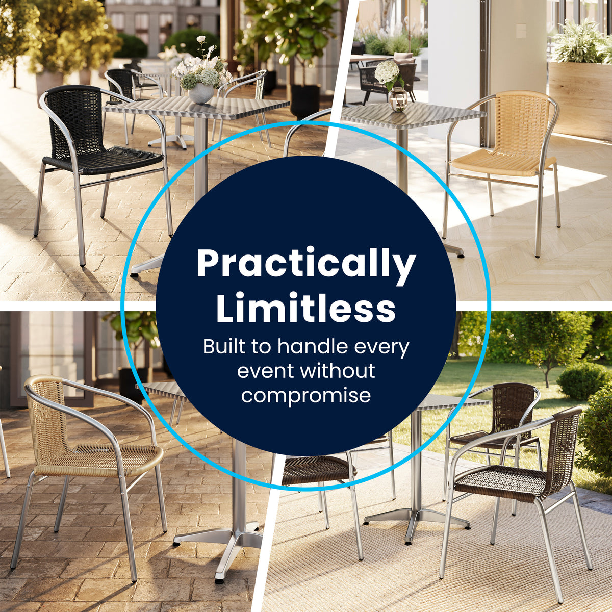 Lila 23.5'' Square Aluminum Indoor-Outdoor Table Set with 2 Black Rattan Chairs