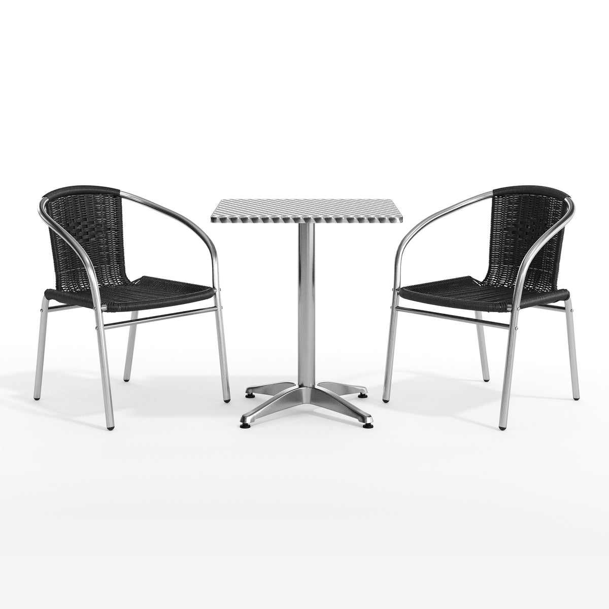 Lila 23.5'' Square Aluminum Indoor-Outdoor Table Set with 2 Black Rattan Chairs