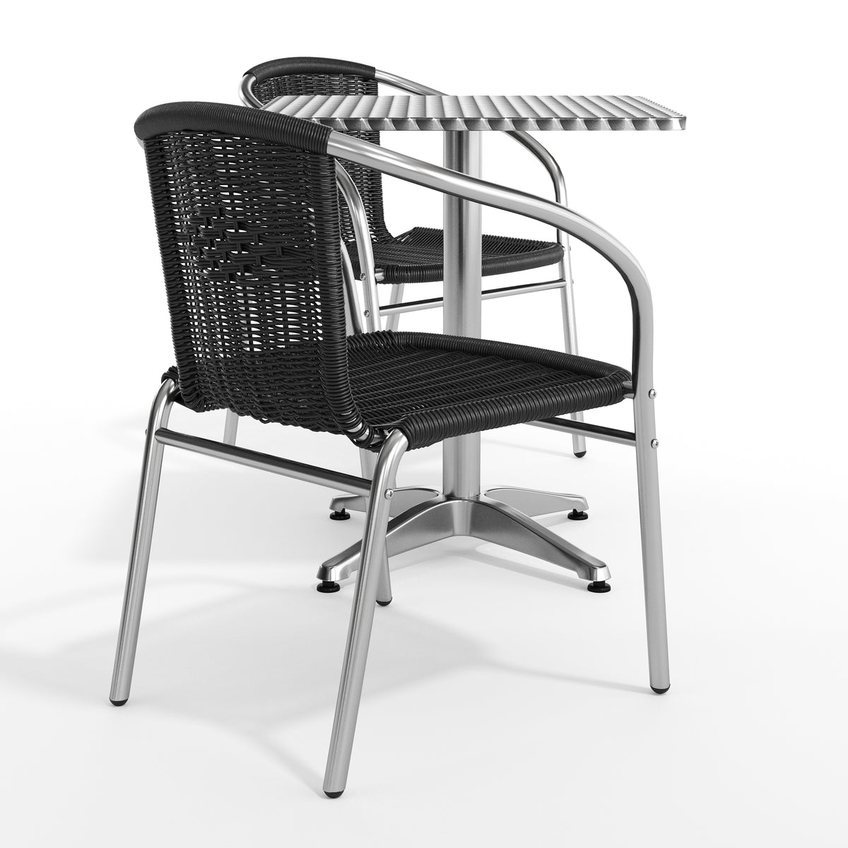 Lila 23.5'' Square Aluminum Indoor-Outdoor Table Set with 2 Black Rattan Chairs