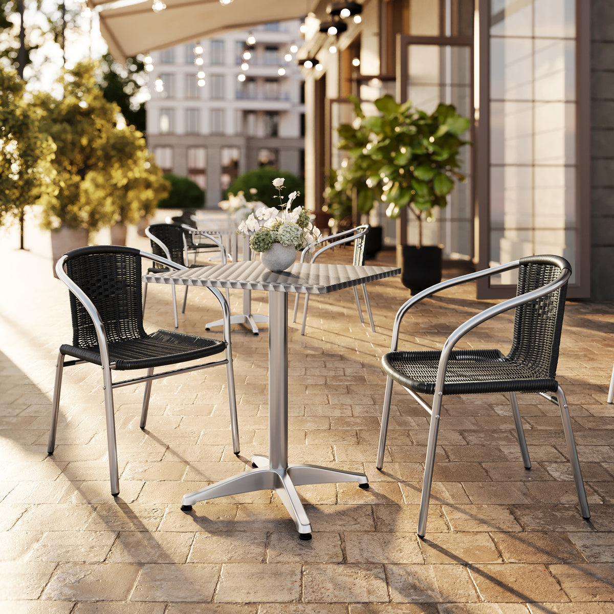 Lila 23.5'' Square Aluminum Indoor-Outdoor Table Set with 2 Black Rattan Chairs