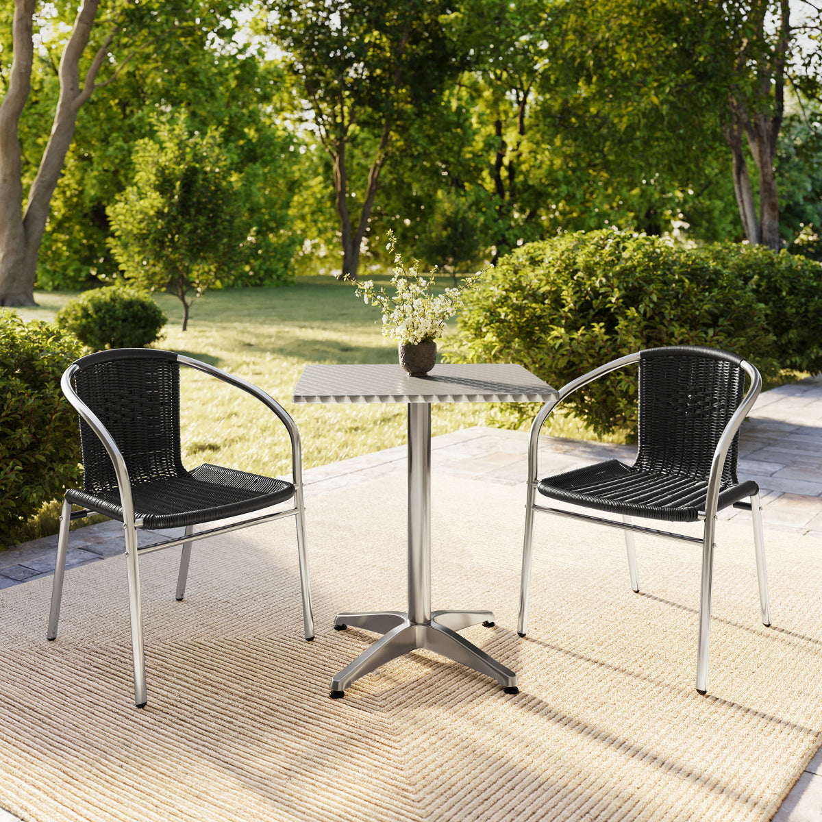 Lila 23.5'' Square Aluminum Indoor-Outdoor Table Set with 2 Black Rattan Chairs