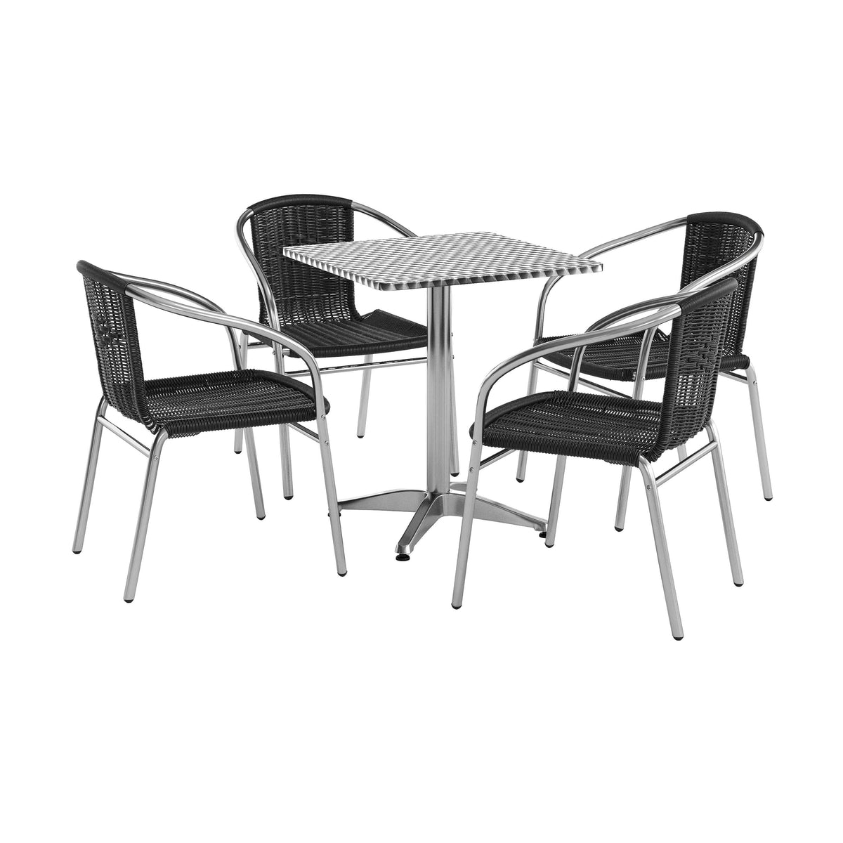 Lila 23.5'' Square Aluminum Indoor-Outdoor Table Set with 4 Black Rattan Chairs