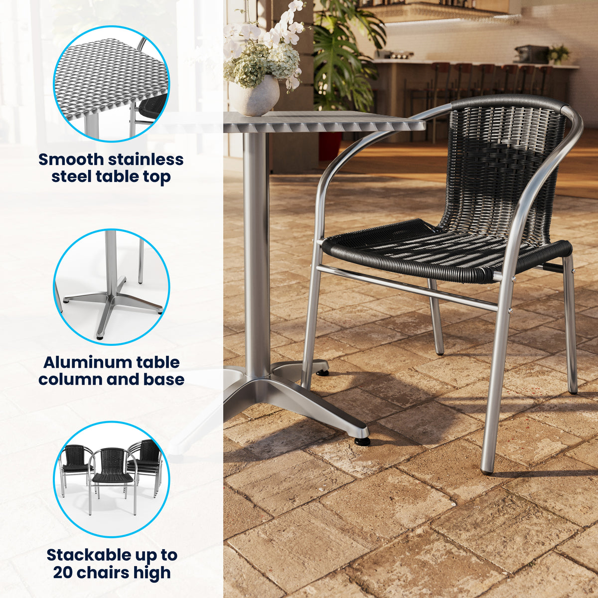 Lila 23.5'' Square Aluminum Indoor-Outdoor Table Set with 4 Black Rattan Chairs