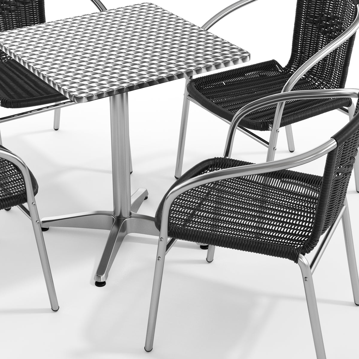 Lila 23.5'' Square Aluminum Indoor-Outdoor Table Set with 4 Black Rattan Chairs