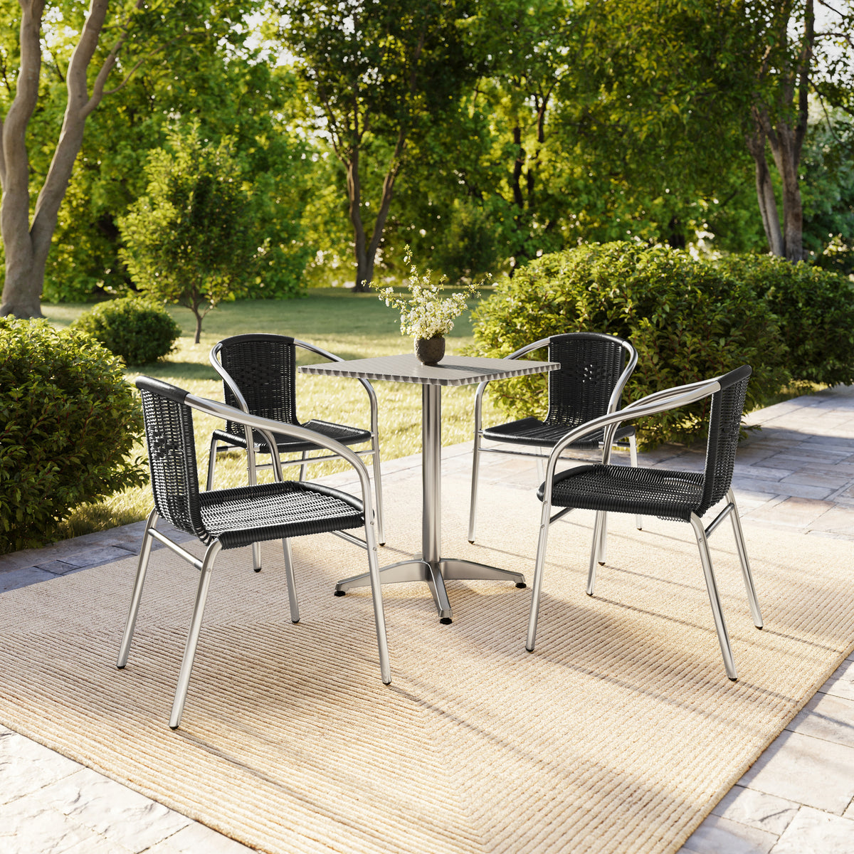 Lila 23.5'' Square Aluminum Indoor-Outdoor Table Set with 4 Black Rattan Chairs