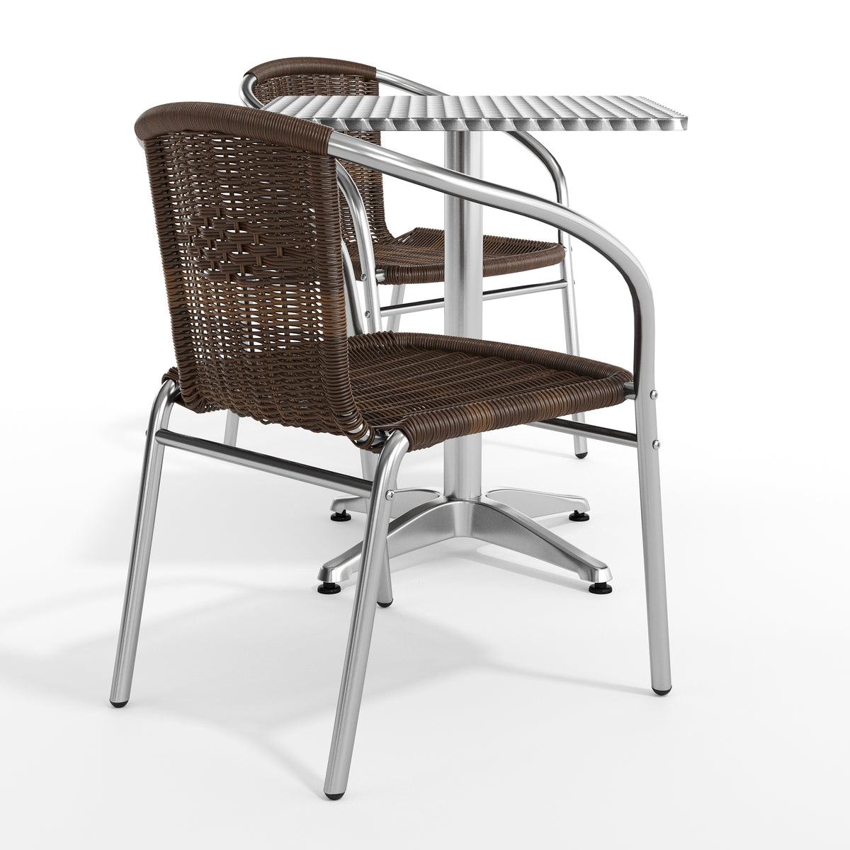 Lila 23.5'' Square Aluminum Indoor-Outdoor Table Set with 2 Dark Brown Rattan Chairs