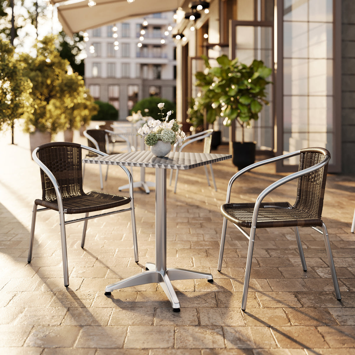 Lila 23.5'' Square Aluminum Indoor-Outdoor Table Set with 2 Dark Brown Rattan Chairs