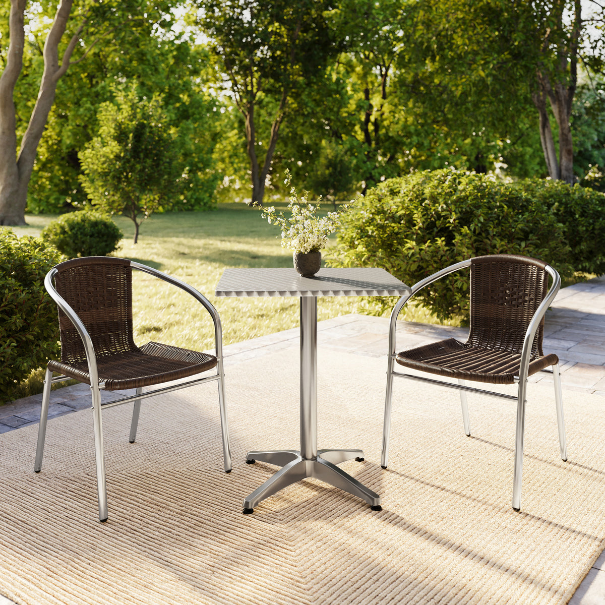 Lila 23.5'' Square Aluminum Indoor-Outdoor Table Set with 2 Dark Brown Rattan Chairs