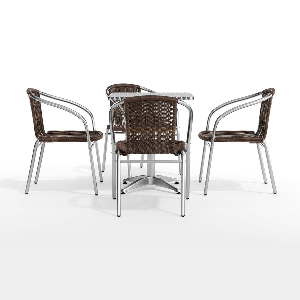 Lila 23.5'' Square Aluminum Indoor-Outdoor Table Set with 4 Dark Brown Rattan Chairs