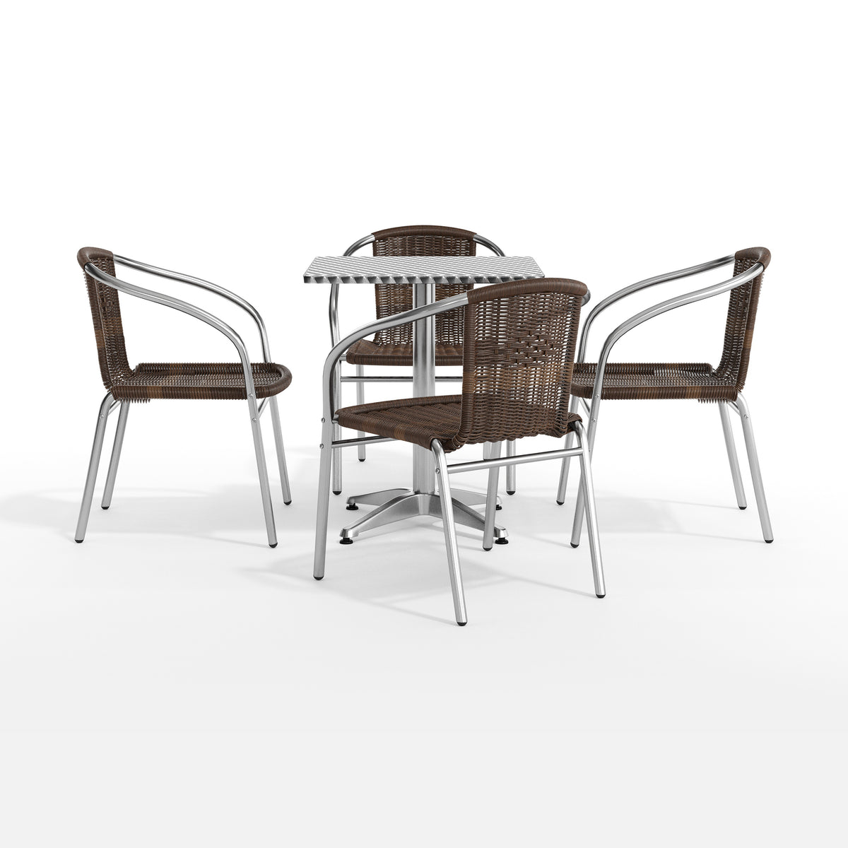 Lila 23.5'' Square Aluminum Indoor-Outdoor Table Set with 4 Dark Brown Rattan Chairs