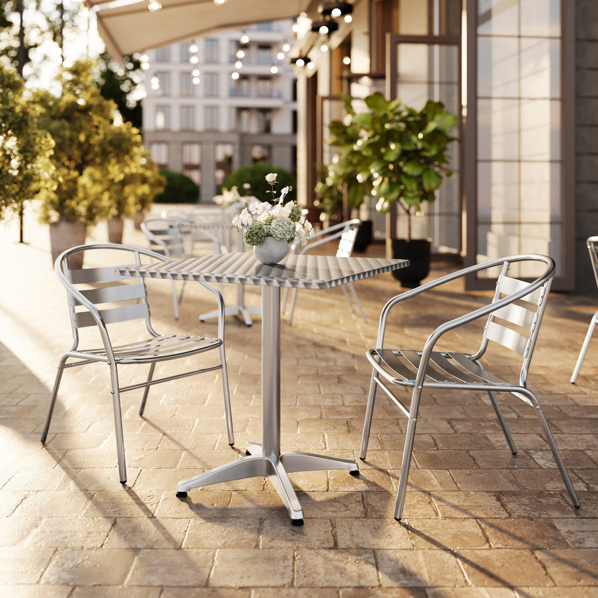 Lila 27.5'' Square Aluminum Indoor-Outdoor Table Set with 2 Slat Back Chairs