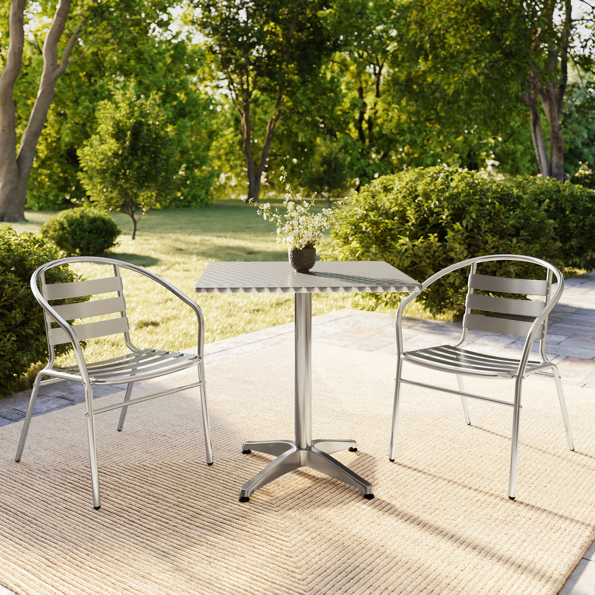Lila 27.5'' Square Aluminum Indoor-Outdoor Table Set with 2 Slat Back Chairs