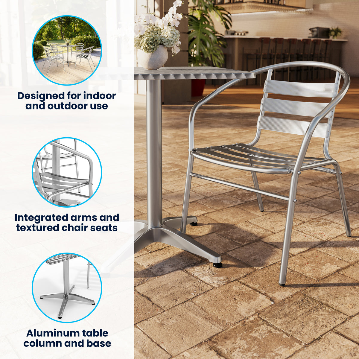 Lila 27.5'' Square Aluminum Indoor-Outdoor Table Set with 4 Slat Back Chairs