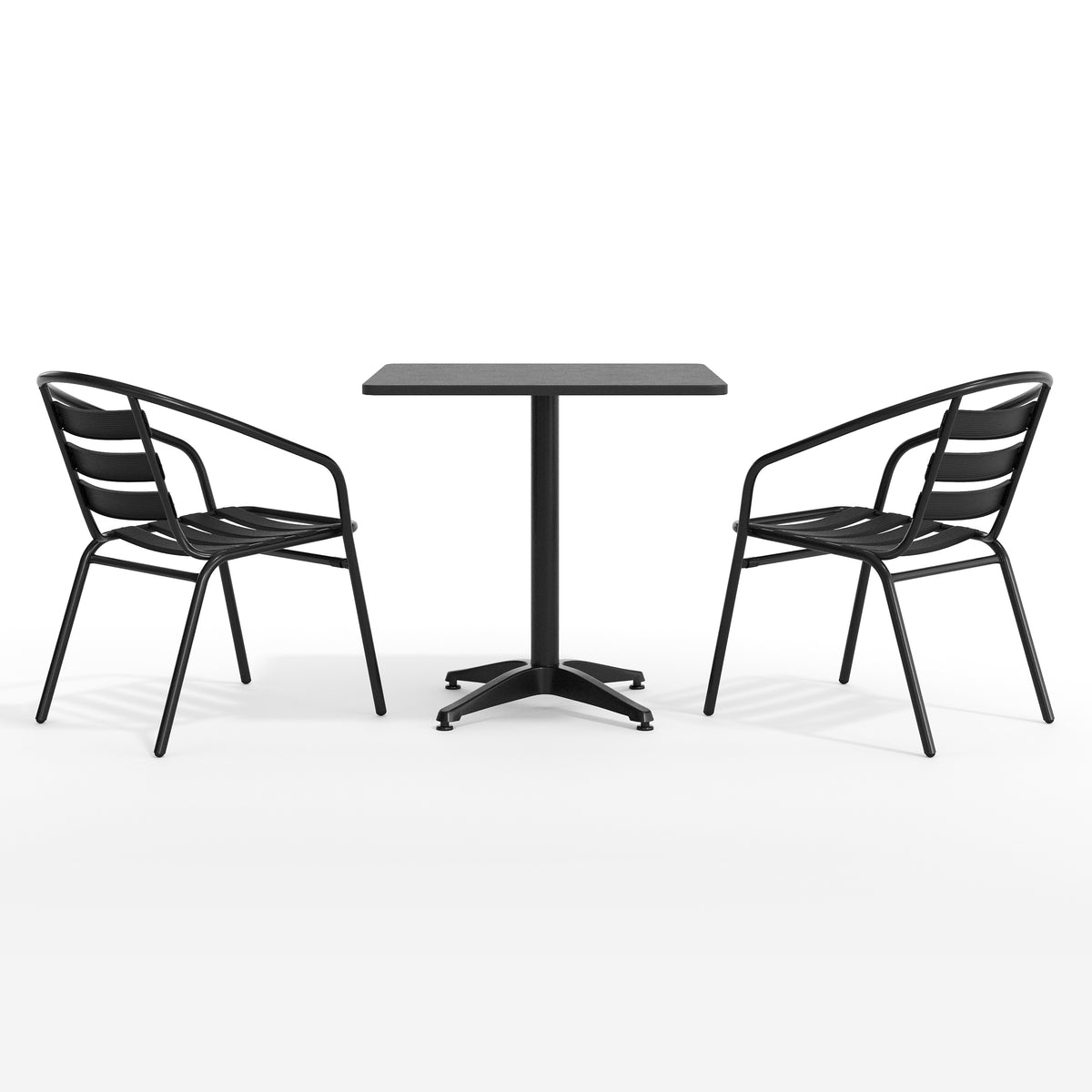 Lila 27.5'' Black Square Aluminum Indoor-Outdoor Table Set with 2 Black Slat Back Chairs