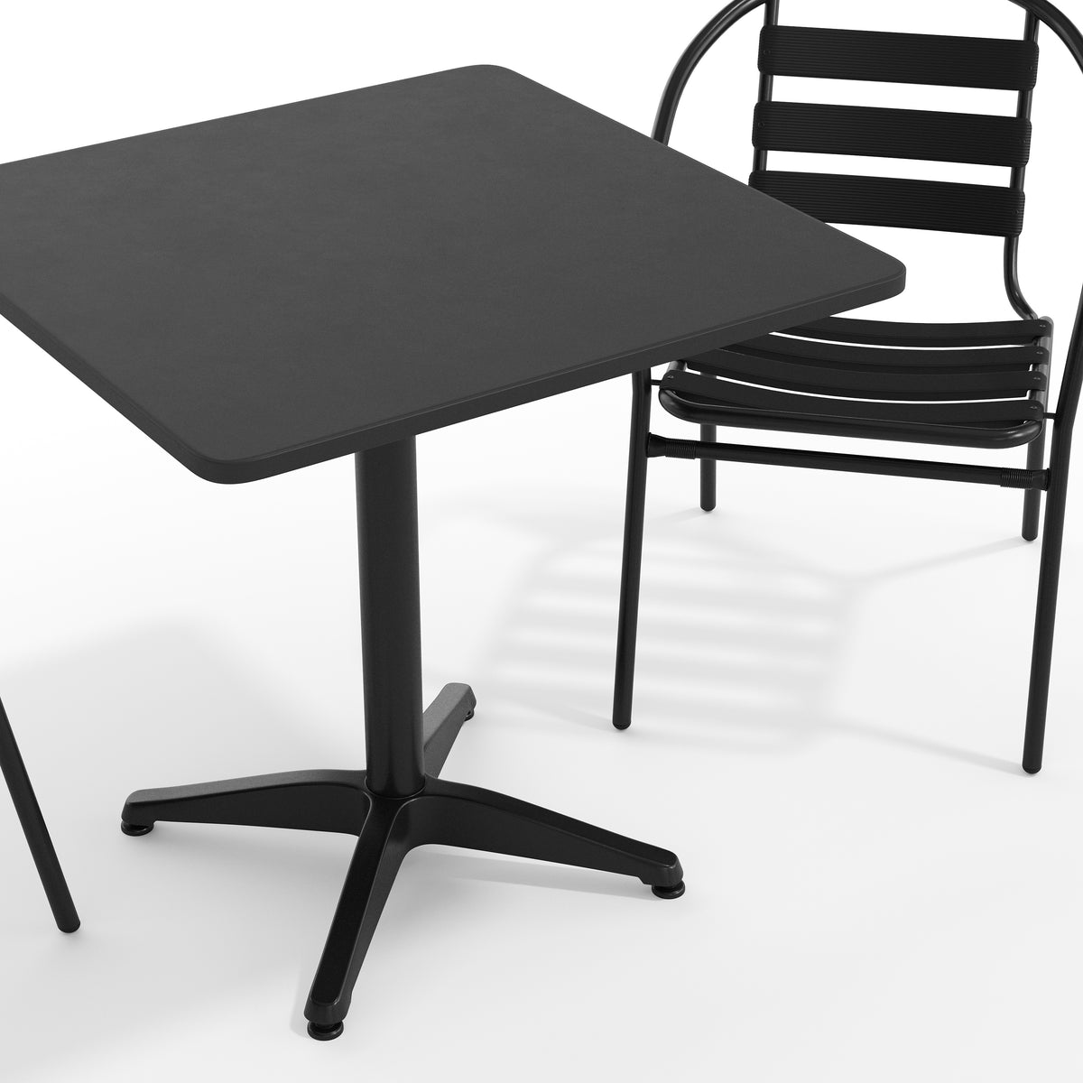 Lila 27.5'' Black Square Aluminum Indoor-Outdoor Table Set with 2 Black Slat Back Chairs