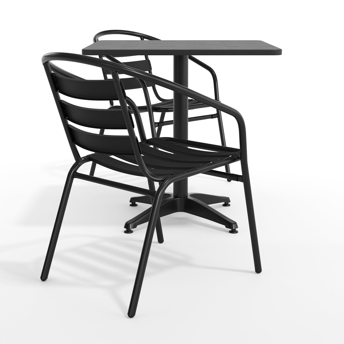 Lila 27.5'' Black Square Aluminum Indoor-Outdoor Table Set with 2 Black Slat Back Chairs