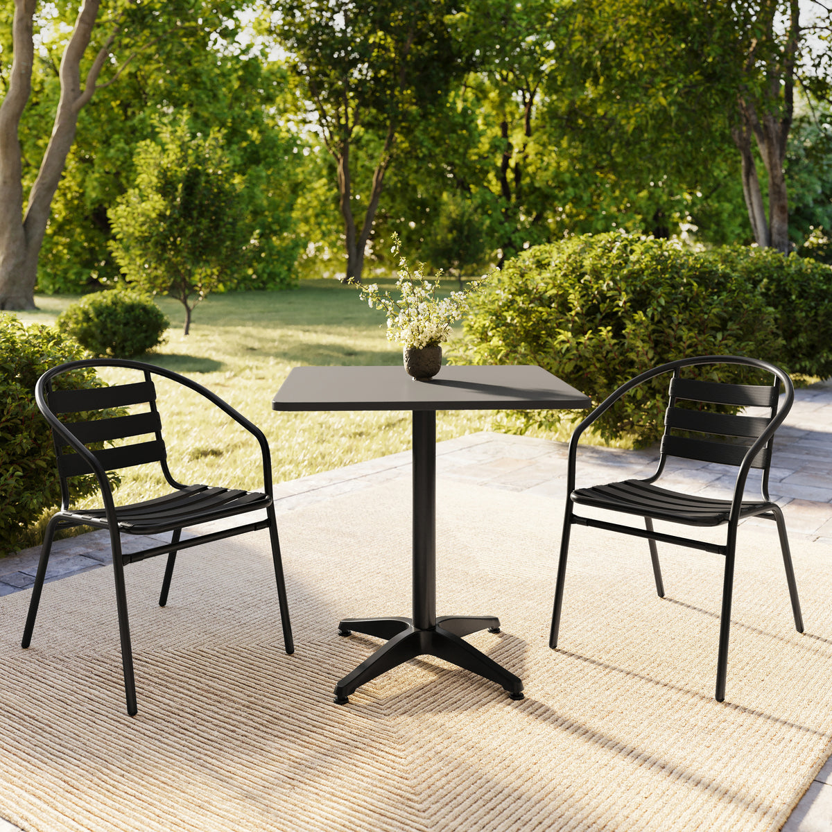 Lila 27.5'' Black Square Aluminum Indoor-Outdoor Table Set with 2 Black Slat Back Chairs