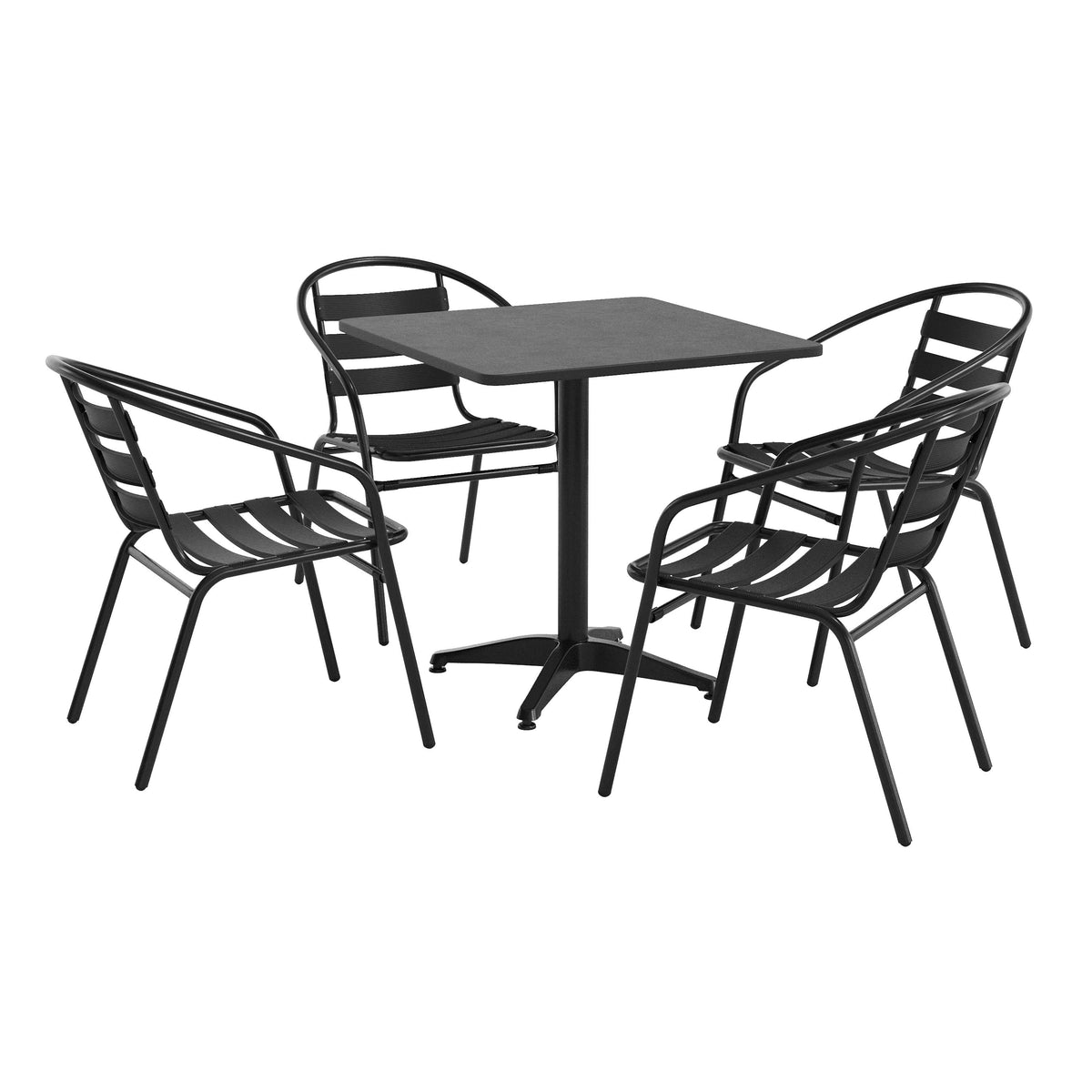 Lila 27.5'' Black Square Aluminum Indoor-Outdoor Table Set with 4 Black Slat Back Chairs
