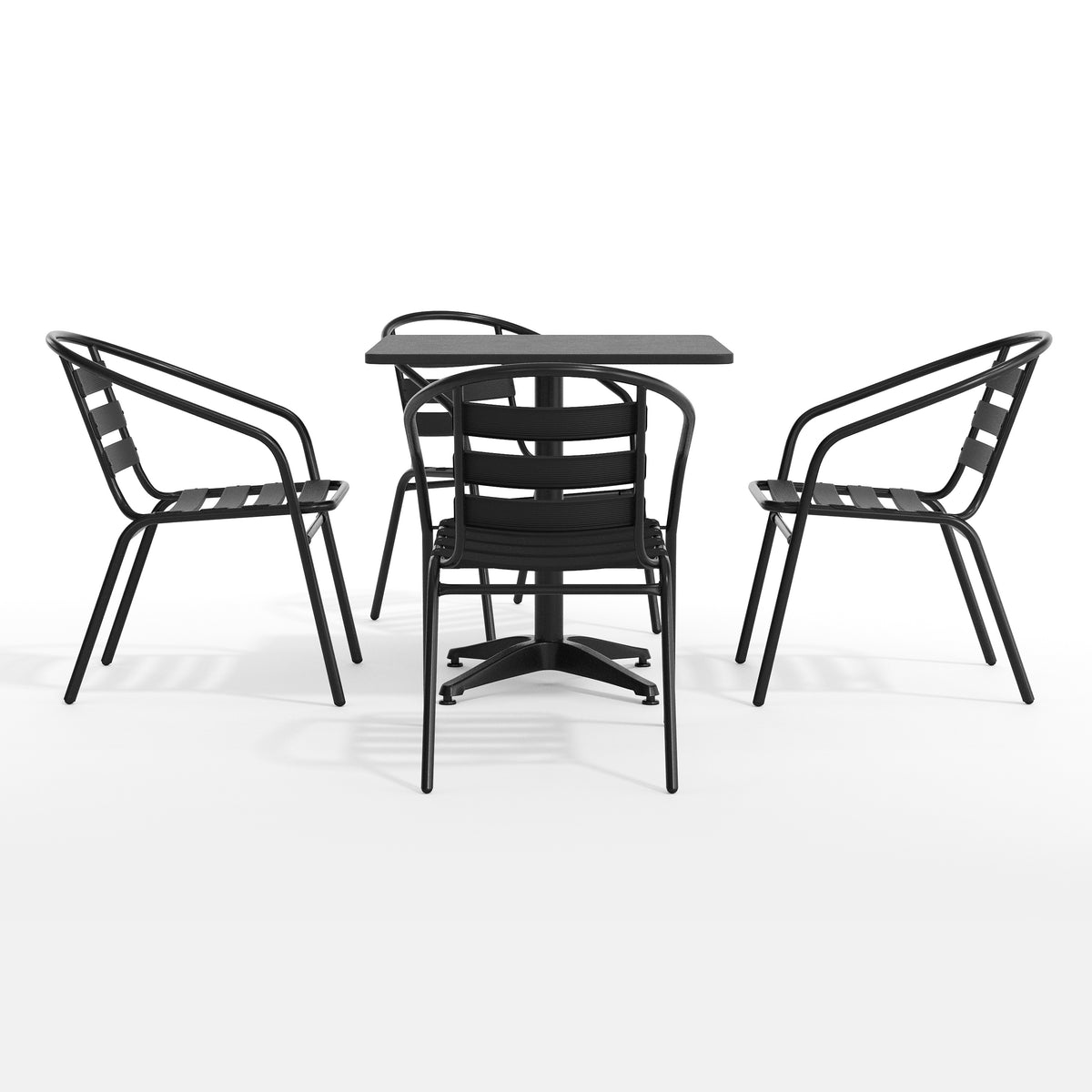 Lila 27.5'' Black Square Aluminum Indoor-Outdoor Table Set with 4 Black Slat Back Chairs