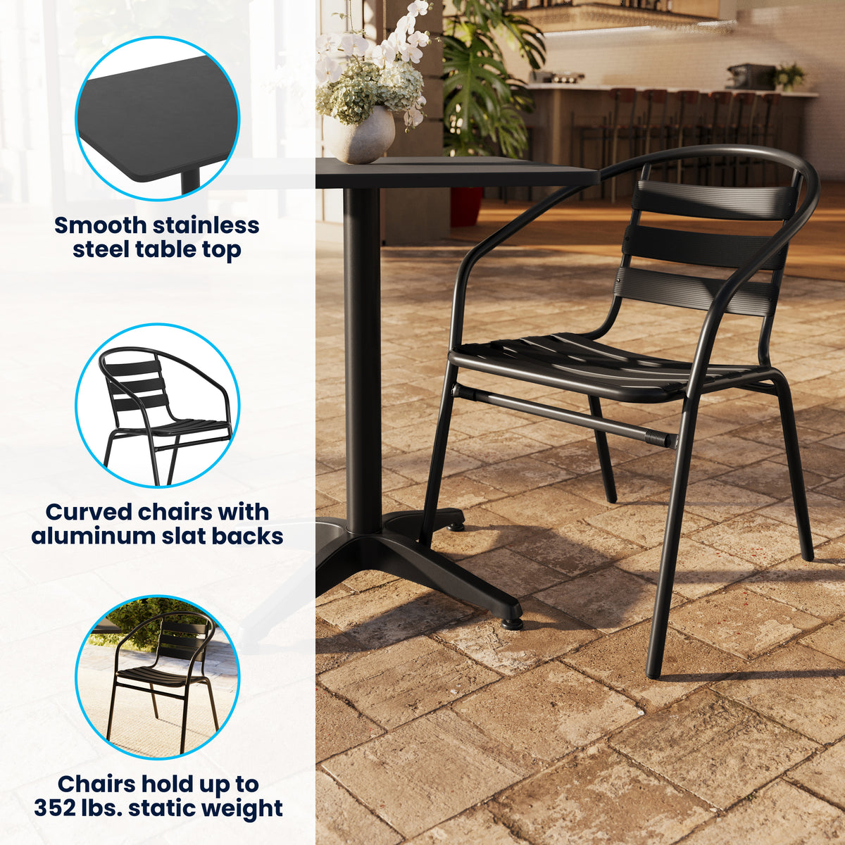 Lila 27.5'' Black Square Aluminum Indoor-Outdoor Table Set with 4 Black Slat Back Chairs
