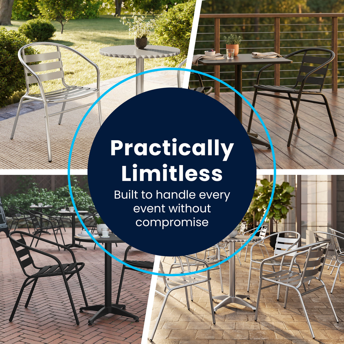 Lila 27.5'' Black Square Aluminum Indoor-Outdoor Table Set with 4 Black Slat Back Chairs