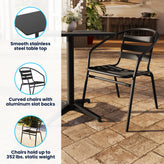 Lila 27.5'' Black Square Aluminum Indoor-Outdoor Table Set with 4 Black Slat Back Chairs