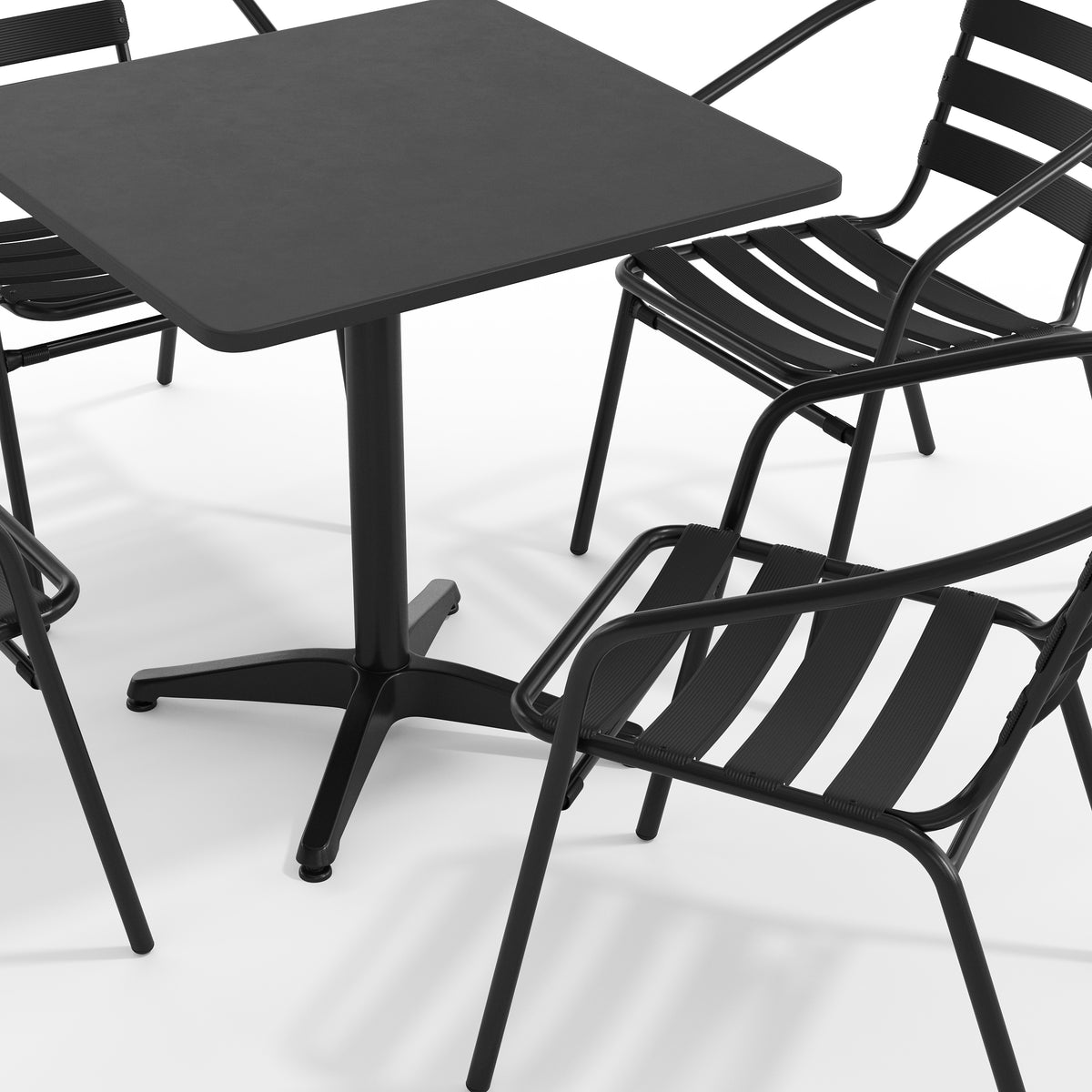 Lila 27.5'' Black Square Aluminum Indoor-Outdoor Table Set with 4 Black Slat Back Chairs