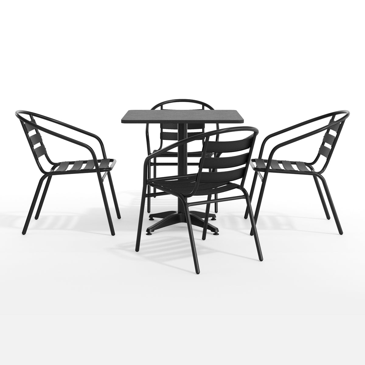 Lila 27.5'' Black Square Aluminum Indoor-Outdoor Table Set with 4 Black Slat Back Chairs