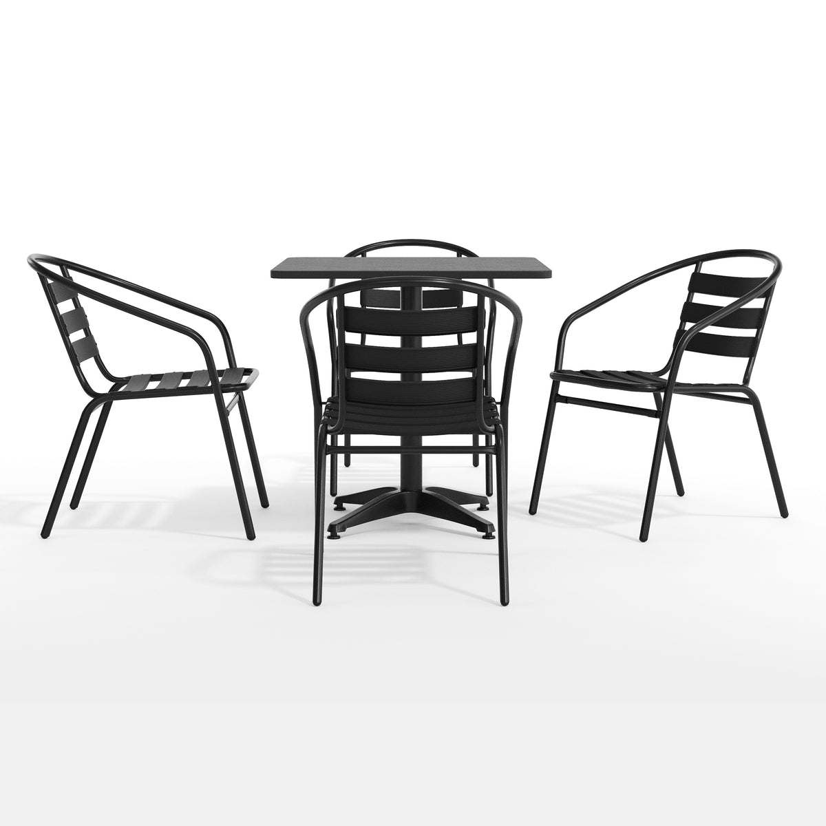 Lila 27.5'' Black Square Aluminum Indoor-Outdoor Table Set with 4 Black Slat Back Chairs