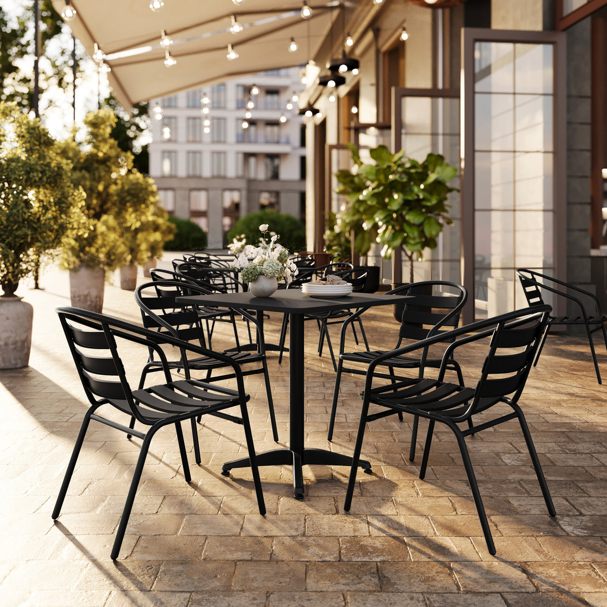Lila 27.5'' Black Square Aluminum Indoor-Outdoor Table Set with 4 Black Slat Back Chairs