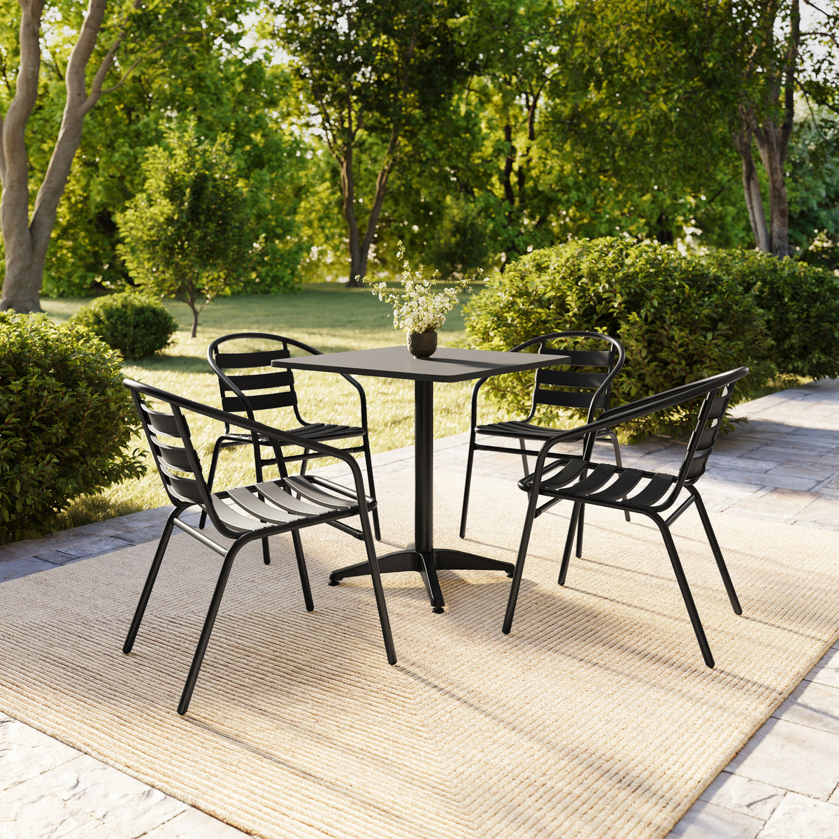Lila 27.5'' Black Square Aluminum Indoor-Outdoor Table Set with 4 Black Slat Back Chairs