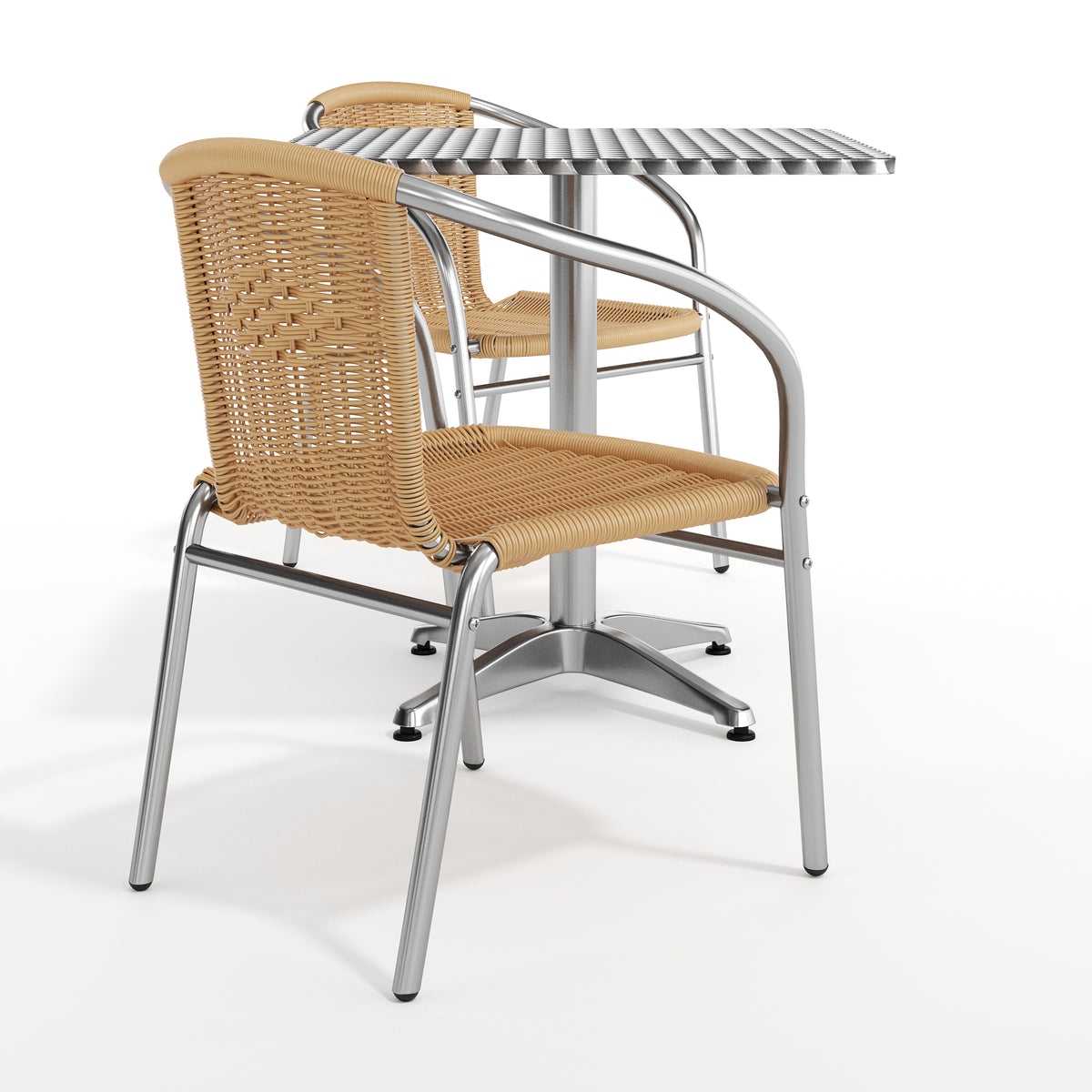 Lila 27.5'' Square Aluminum Indoor-Outdoor Table Set with 2 Beige Rattan Chairs