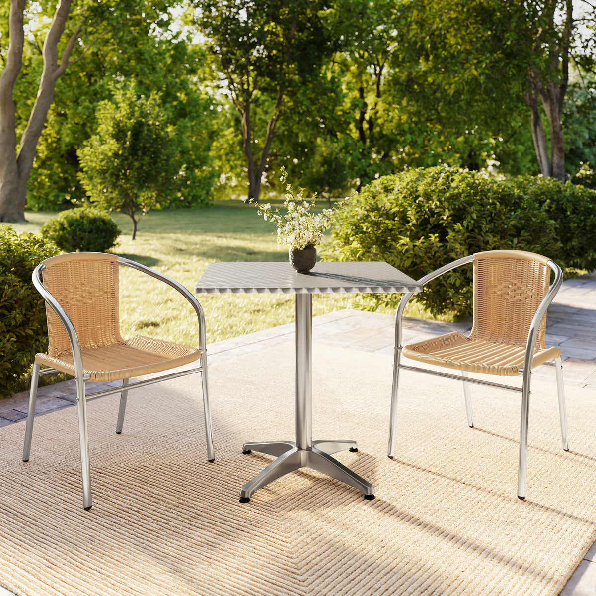 Lila 27.5'' Square Aluminum Indoor-Outdoor Table Set with 2 Beige Rattan Chairs