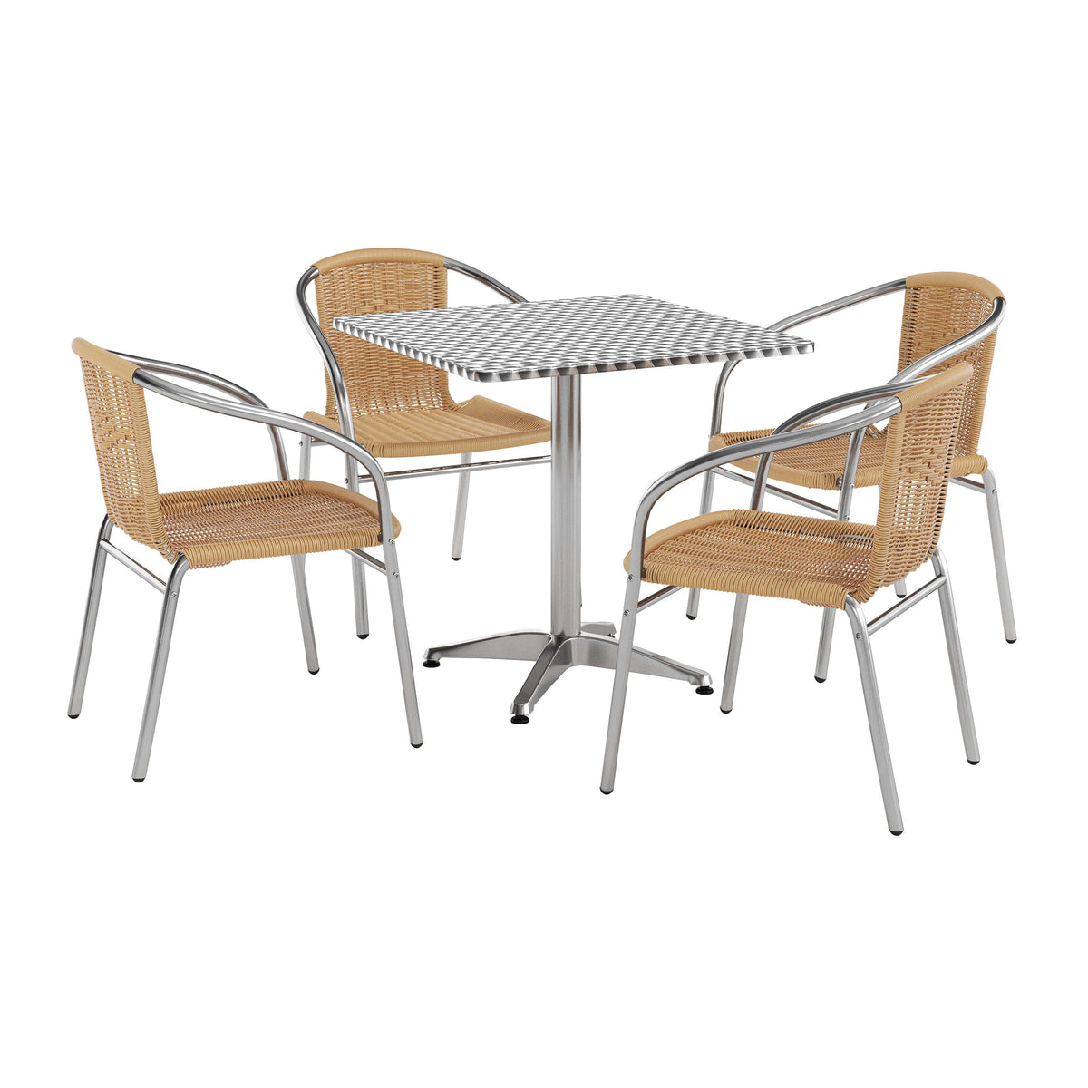 Lila 27.5'' Square Aluminum Indoor-Outdoor Table Set with 4 Beige Rattan Chairs
