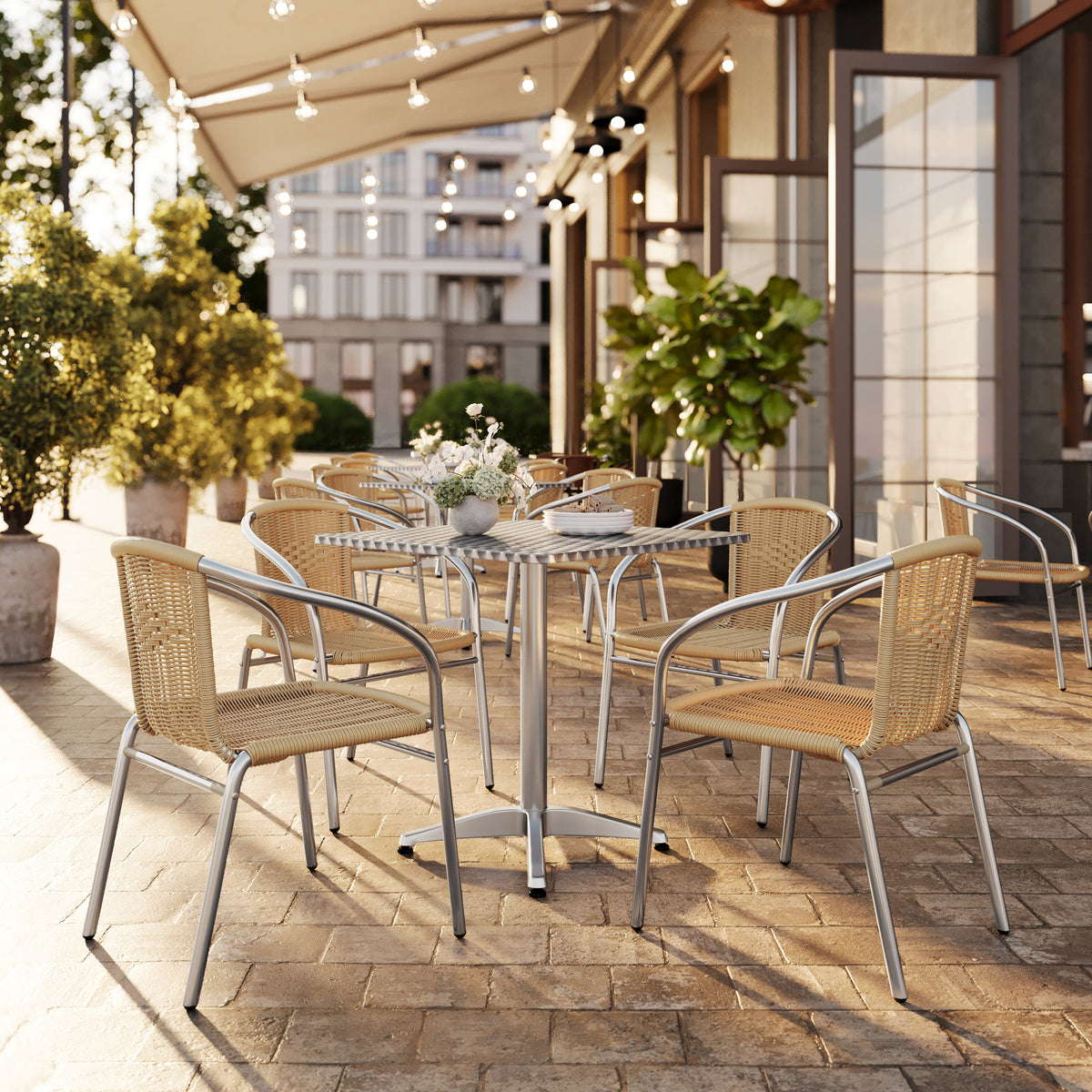 Lila 27.5'' Square Aluminum Indoor-Outdoor Table Set with 4 Beige Rattan Chairs