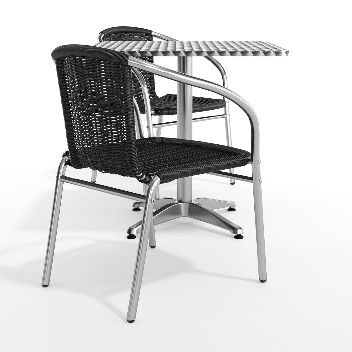 Lila 27.5'' Square Aluminum Indoor-Outdoor Table Set with 2 Black Rattan Chairs