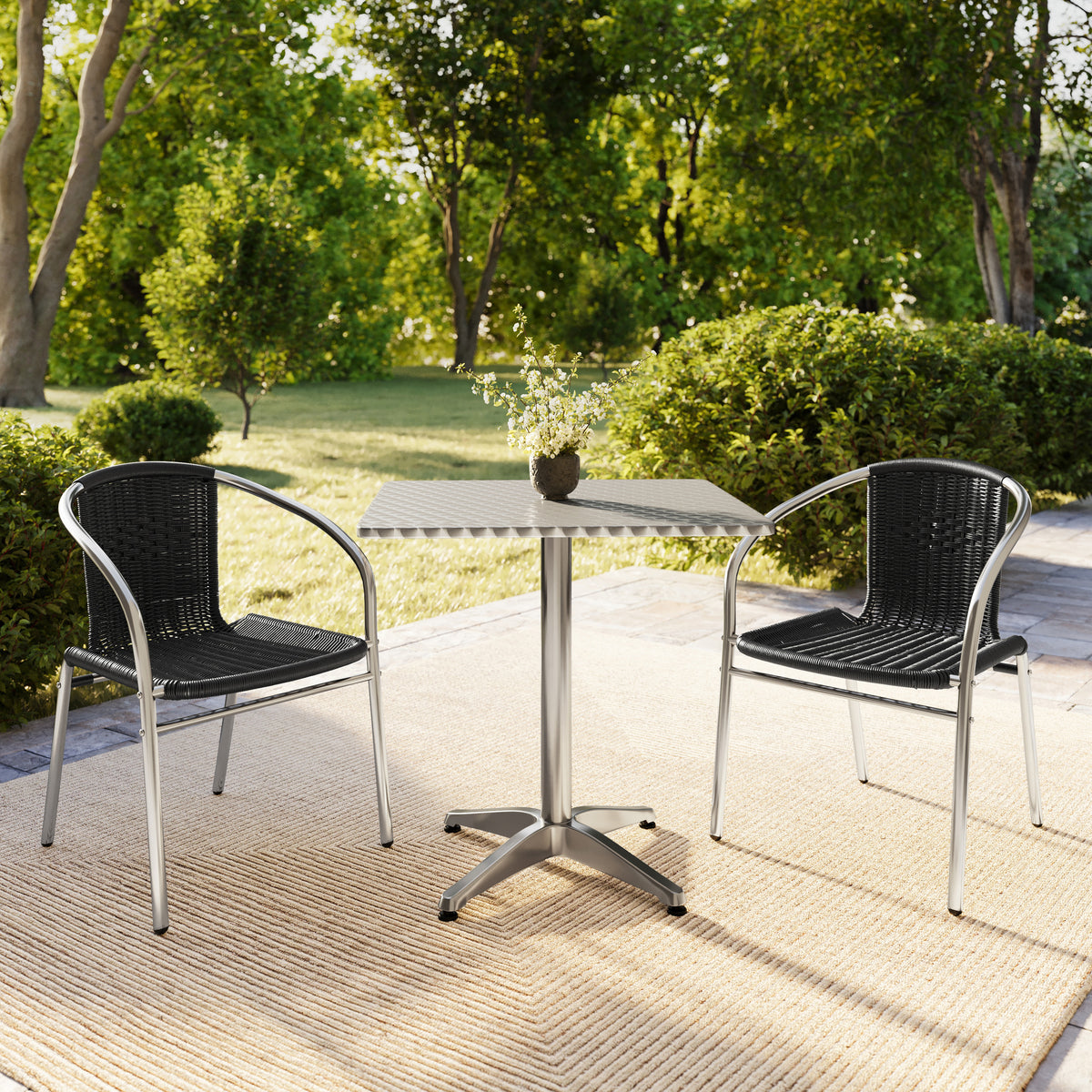 Lila 27.5'' Square Aluminum Indoor-Outdoor Table Set with 2 Black Rattan Chairs