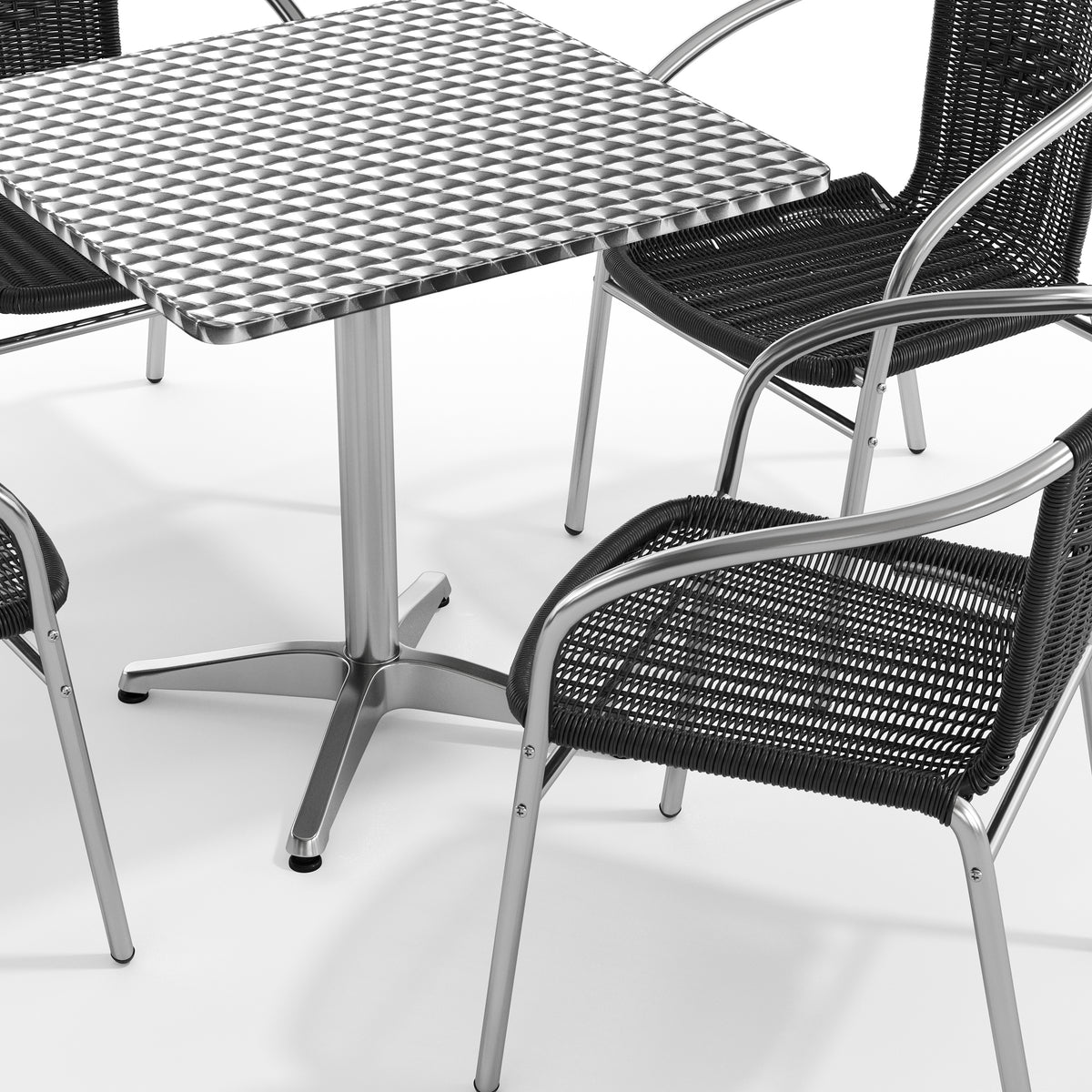 Lila 27.5'' Square Aluminum Indoor-Outdoor Table Set with 4 Black Rattan Chairs