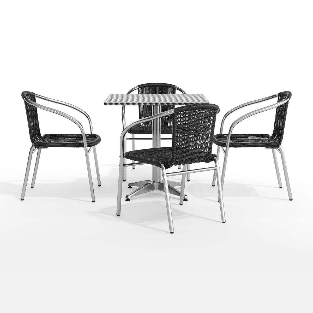 Lila 27.5'' Square Aluminum Indoor-Outdoor Table Set with 4 Black Rattan Chairs