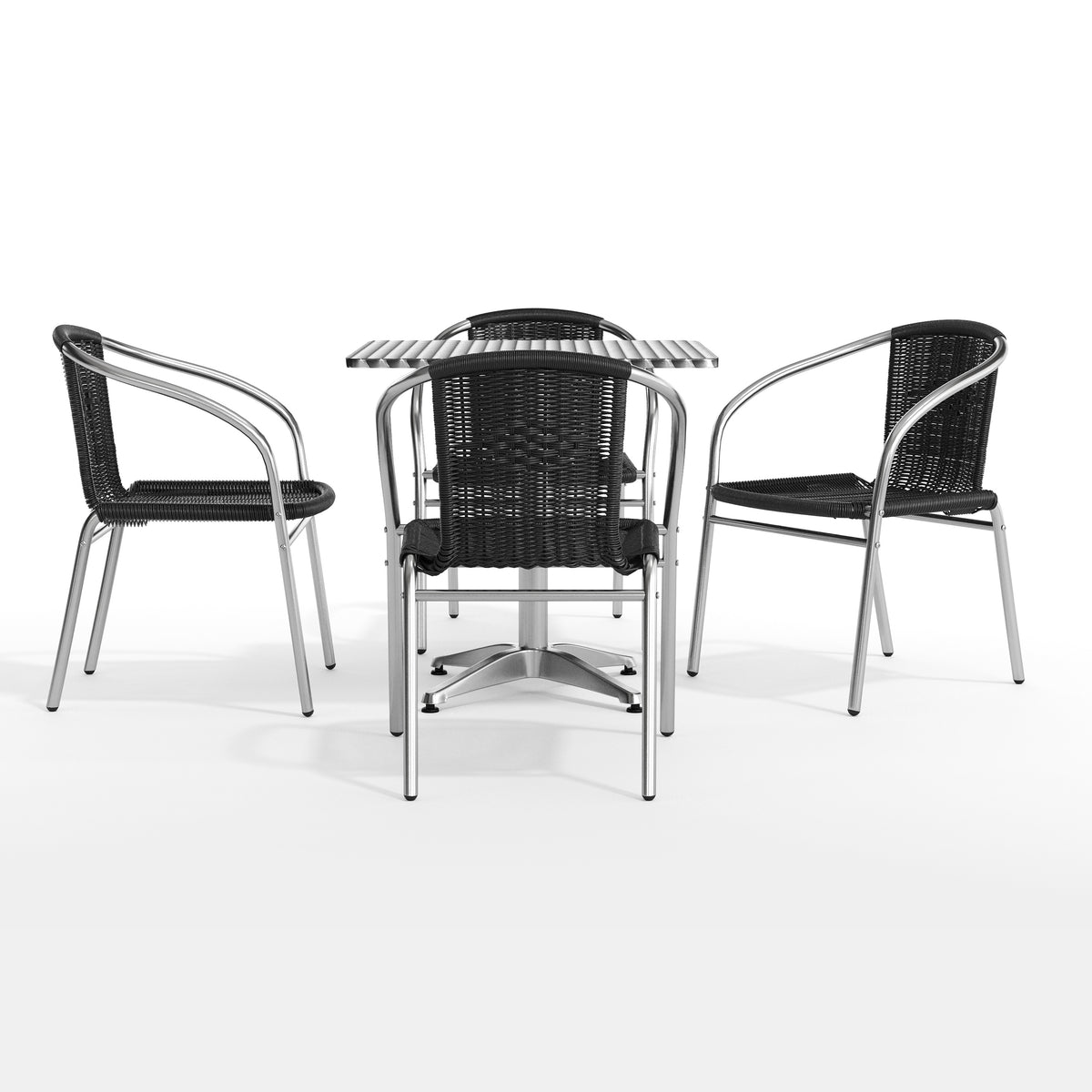 Lila 27.5'' Square Aluminum Indoor-Outdoor Table Set with 4 Black Rattan Chairs