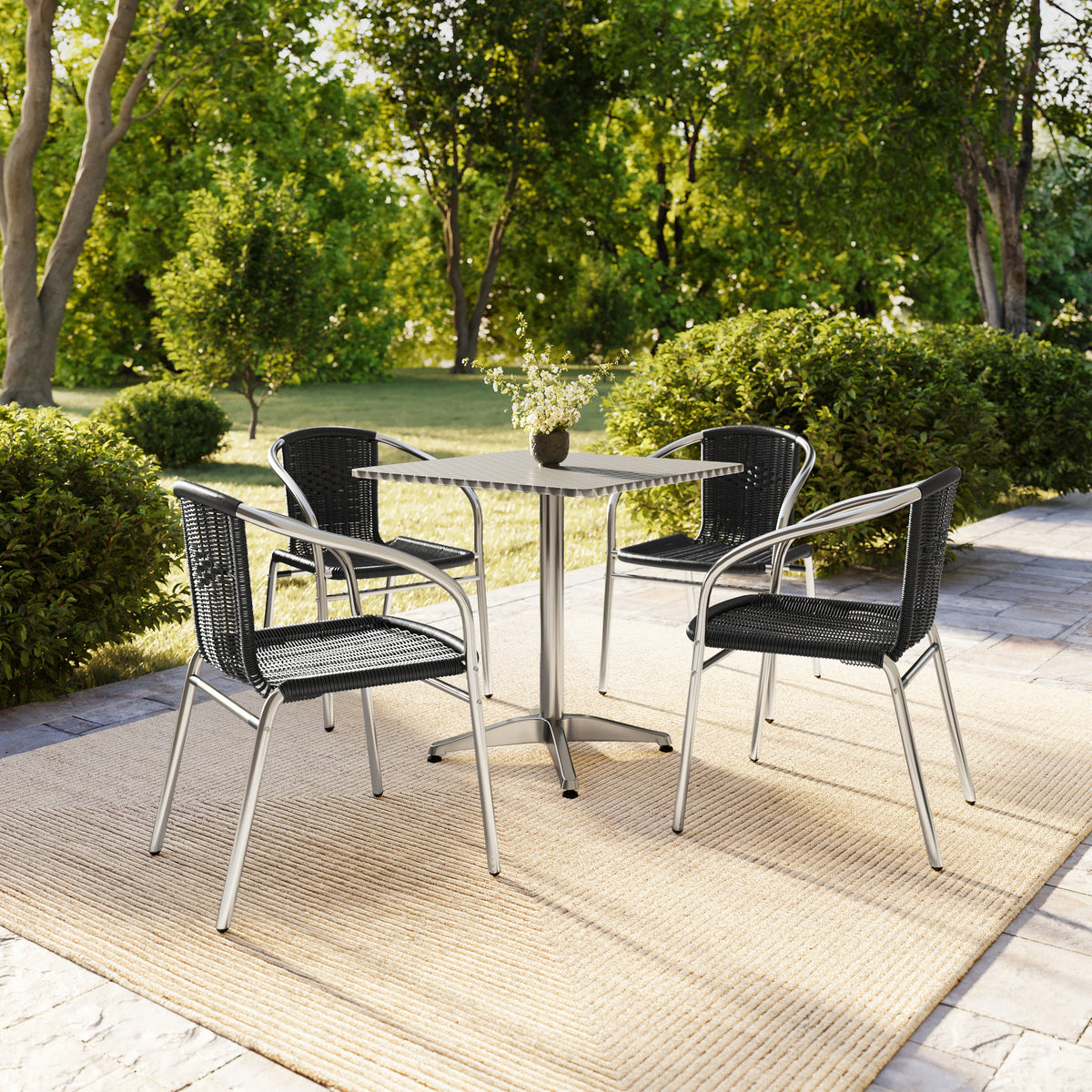 Lila 27.5'' Square Aluminum Indoor-Outdoor Table Set with 4 Black Rattan Chairs