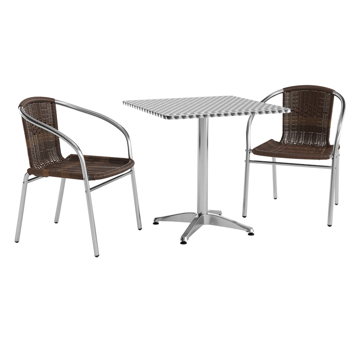 Lila 27.5'' Square Aluminum Indoor-Outdoor Table Set with 2 Dark Brown Rattan Chairs