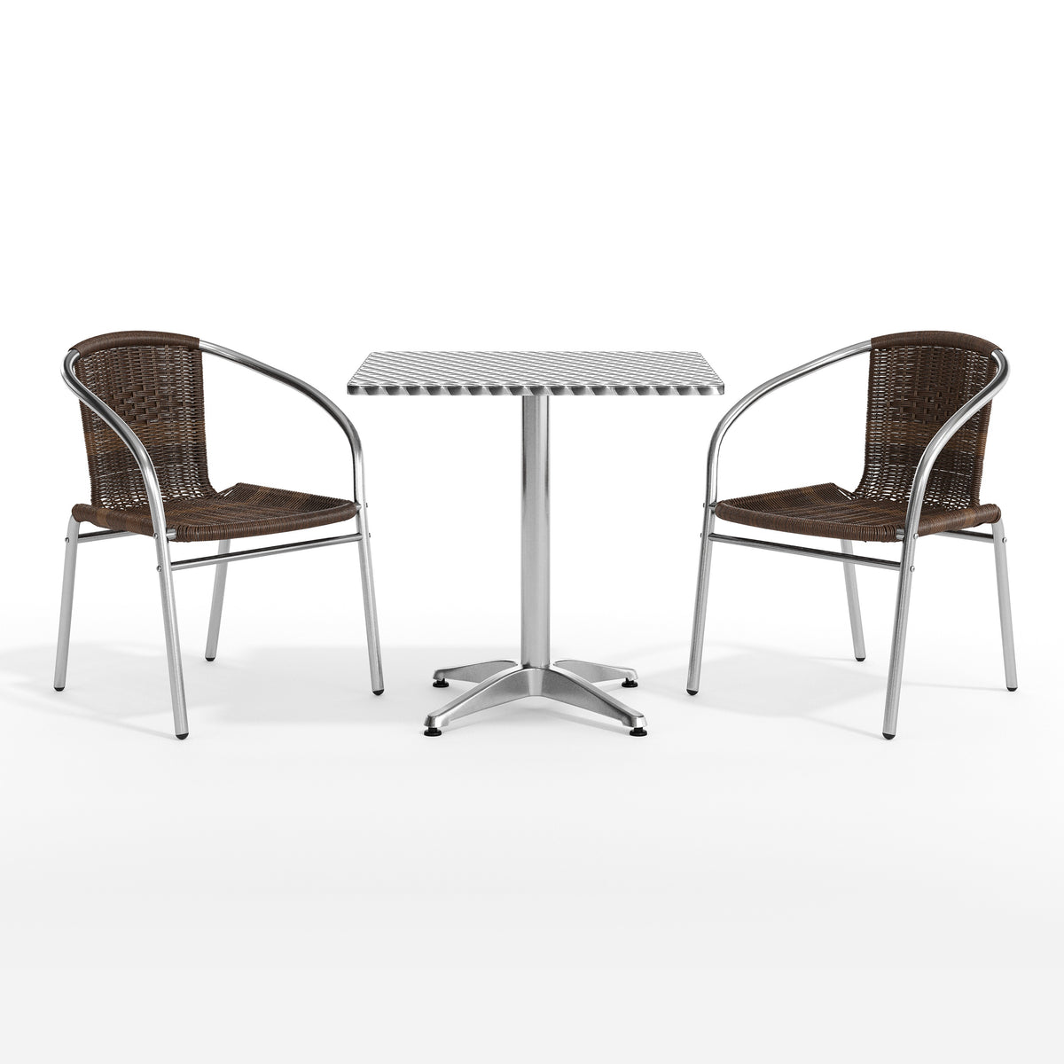 Lila 27.5'' Square Aluminum Indoor-Outdoor Table Set with 2 Dark Brown Rattan Chairs